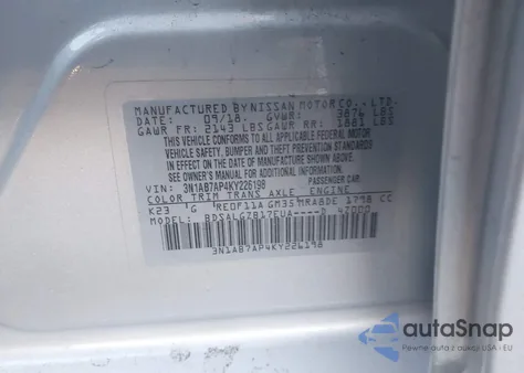 2019 Nissan Sentra Sl z USA, uszkodzony, nr VIN 3N1AB7AP4KY226198